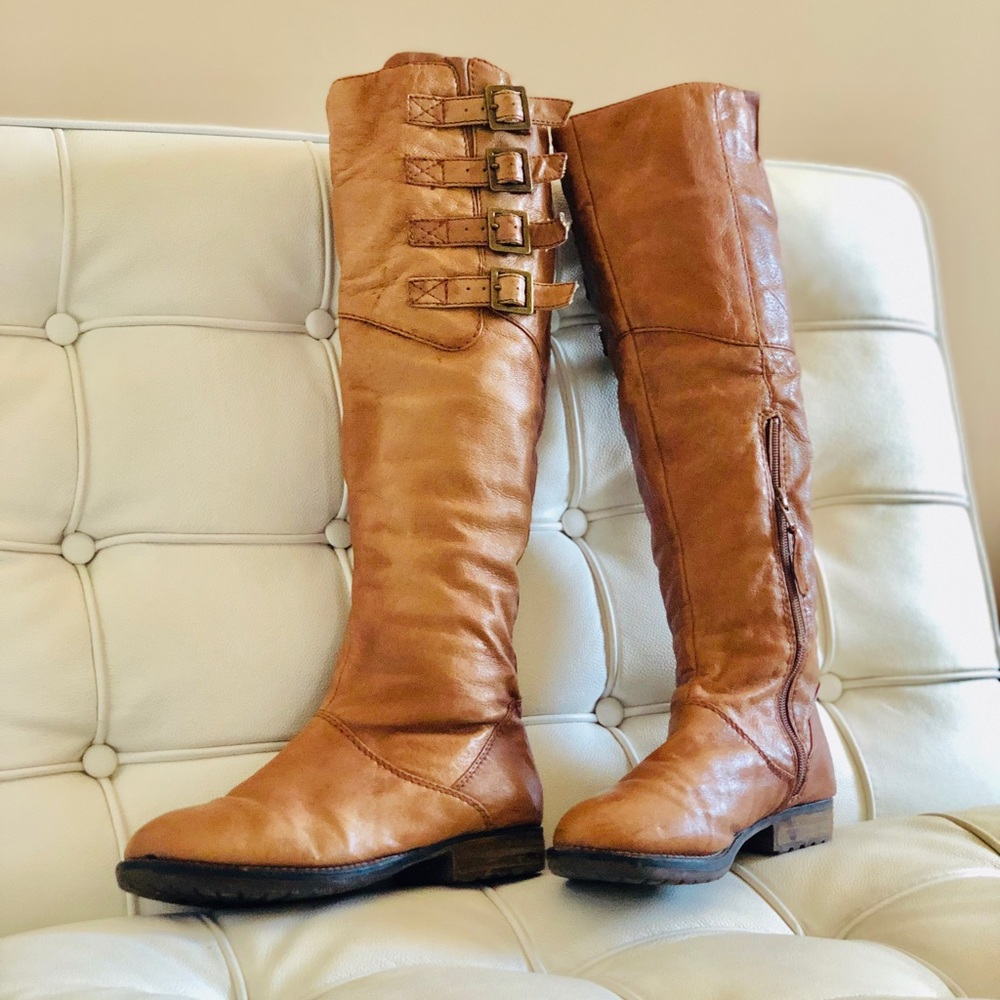 Steve Madden tan multi-strap knee high boots